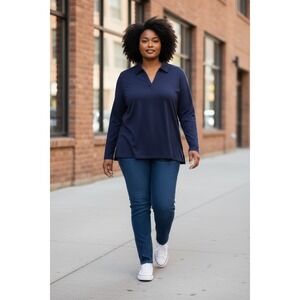 (K-289) Belle by Kim Gravel Primabelle Johnny Collar Top Ruched Navy M New QVC